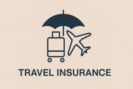 일본 여행 보험 안내를 상징하는 여행가방, 비행기, 우산 아이콘의 가로형 일러스트 이미지