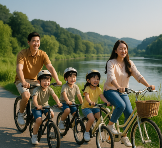 양평에서 5인가족이 자전거를 타며 즐거워하는 모습