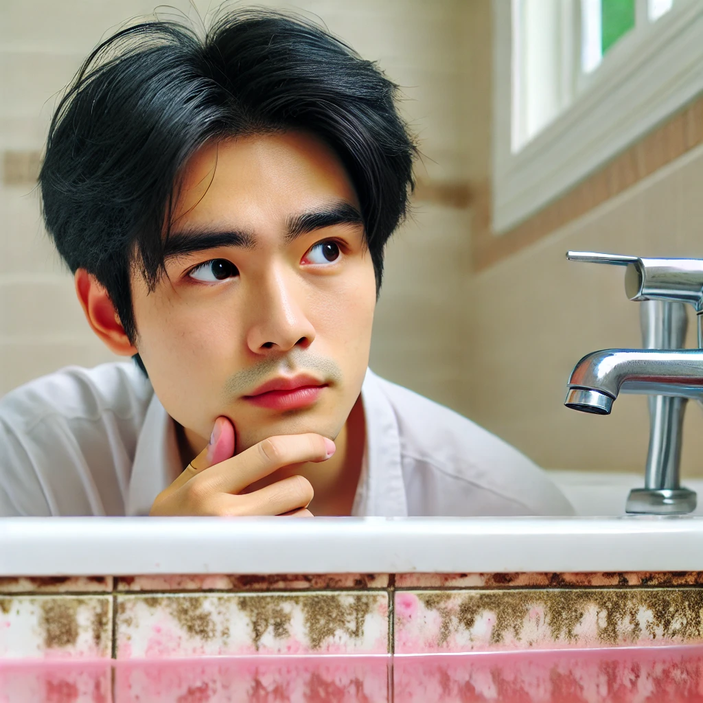 핑크색 물때가 낀 화장실에서 고민하는 남성
