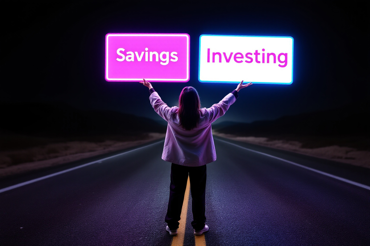저축과 투자 베너를 두 손에 들고 있는 여성
