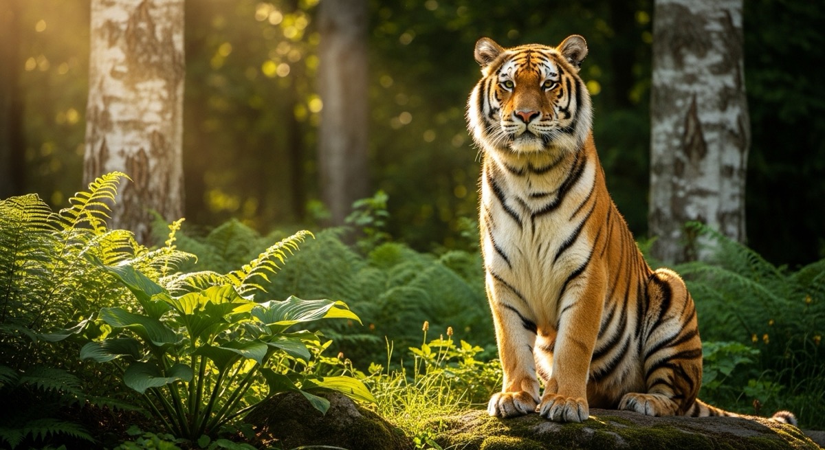 푸른 숲을 배경으로 바위 위에 앉아있는 위엄있는 백두산 호랑이의 모습