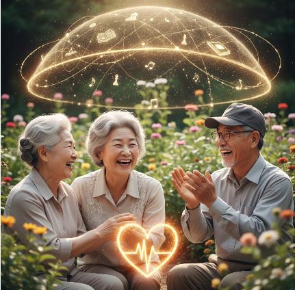 시니어 부모님이 이웃과 따뜻하게 대화하며 활짝 웃는 모습으로, 사회적 유대감이 뇌의 인지 예비능을 높이고 정서적 활력을 돕는 과정을 상징함.