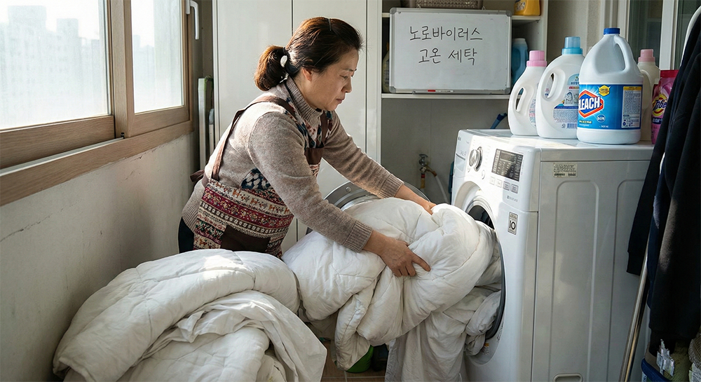 오염된 이불과 시트를 분리하여 세탁기에 넣는 가정 내 위생 관리 모습