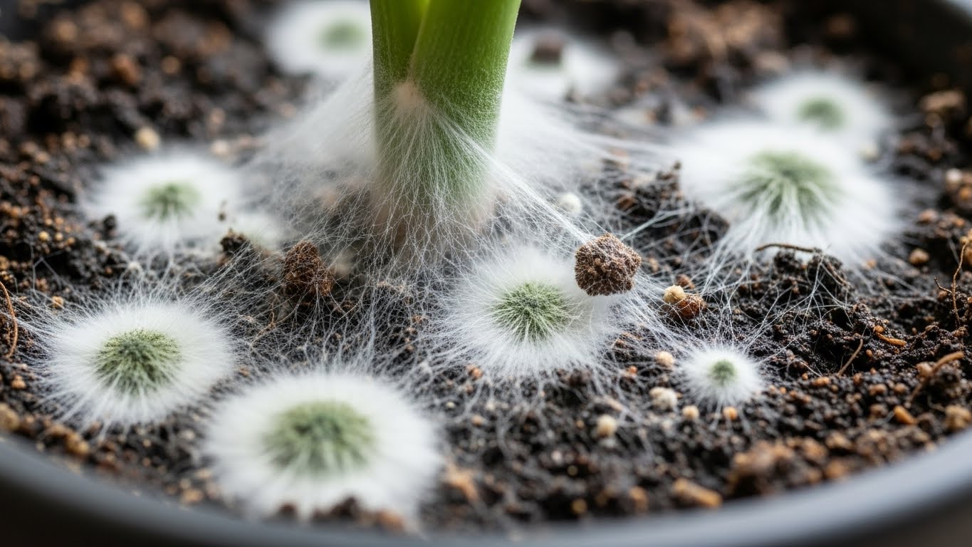 실내 화분 흙 표면에 생긴 하얀 곰팡이 클로즈업