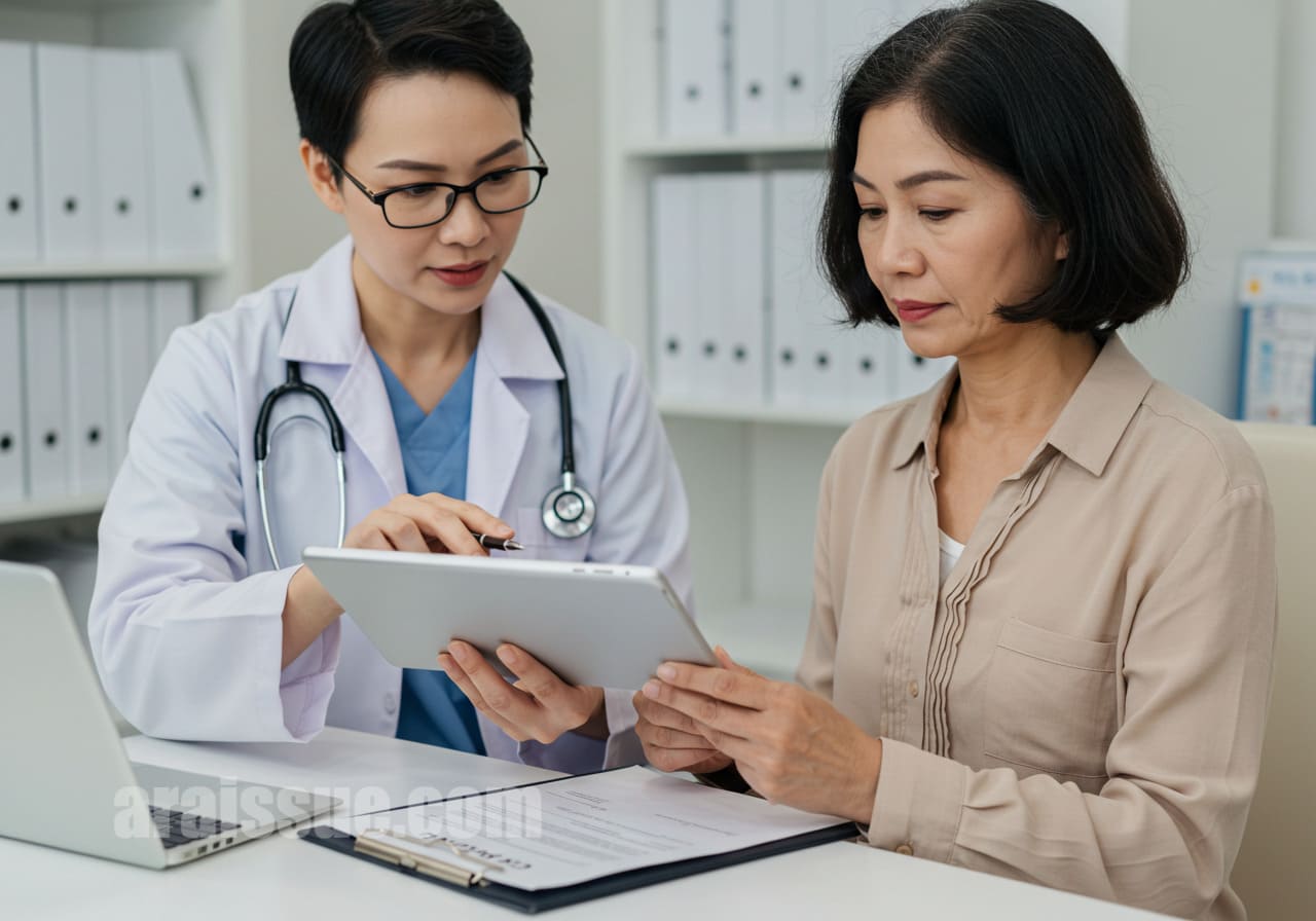 자궁근종 수술 후 실손보험 청구 시 주의할 점을 설명하는 의사와 환자. 디지털 태블릿을 통해 청구 과정과 중요한 점들을 안내하는 모습.