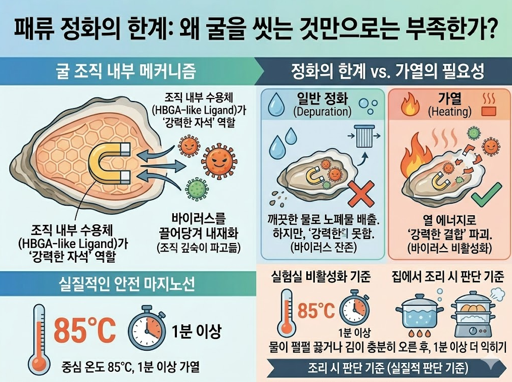 굴&middot;패류 노로바이러스 위험: 정화(Depuration)만으로 부족하고 가열(중심 85℃ 1분 이상)로 비활성화하는 기준 도식
