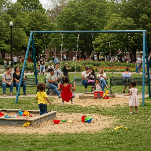공용 놀이터에서 어른들은 대화를 아이들은 놀이를 하는모습