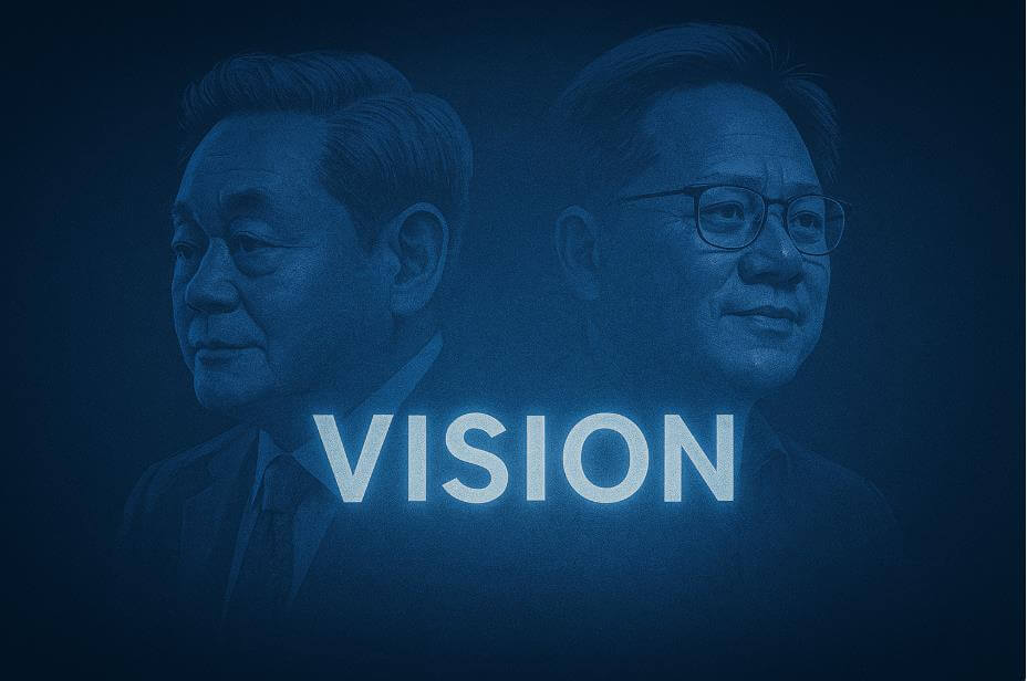 이건희와 젠슨 황의 비전과 기업가 정신을 상징하는 장면