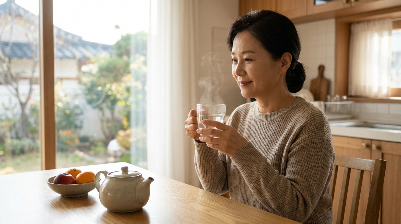 아침 주방에서 미지근한 물 한 잔을 마시며 요요 방지 생활 습관을 실천하는 한국 여성