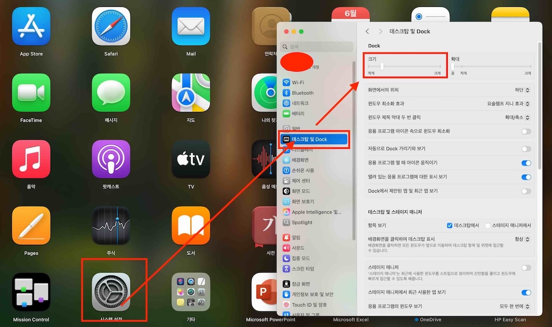 맥북 Dock 크기 변경하는 모습