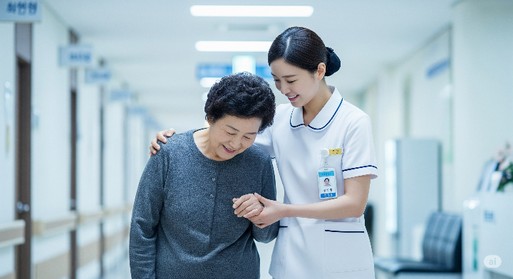 간호사가 노인 장기요양보험 서비스를 통해 거동이 불편한 한국인 어르신을 부축하며 병원에서 친절하게 돕는 모습
