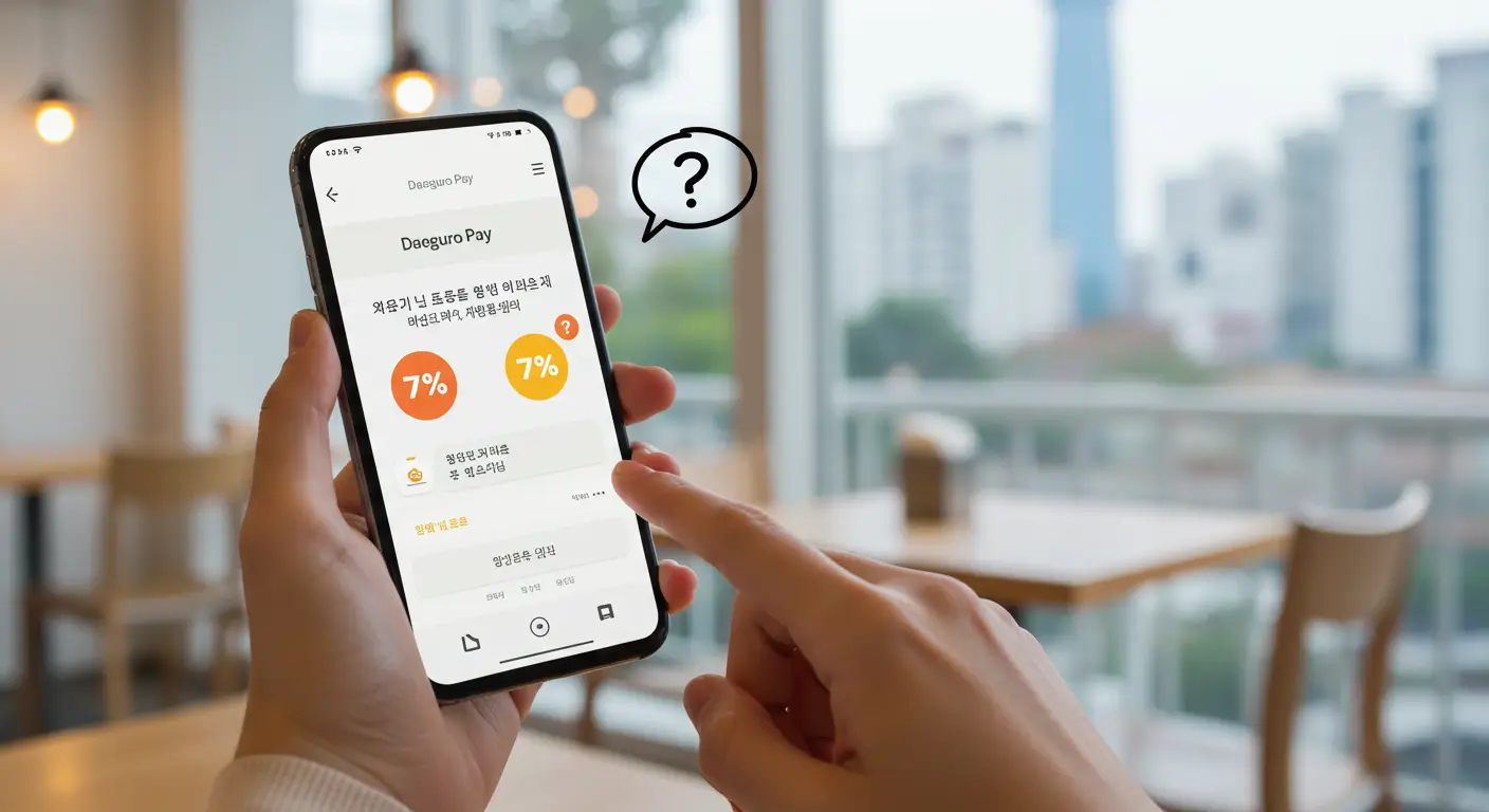 한 대구시민이 스마트폰의 대구로페이 앱 화면을 보며, 민생회복 소비쿠폰과 할인 혜택이 중복 적용되는지 궁금해하는 모습