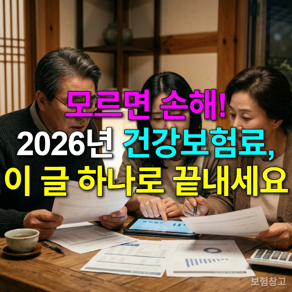 2026년 건강보험료 인상에 대해 고민하는 한국 가족이 서류를 검토하는 모습