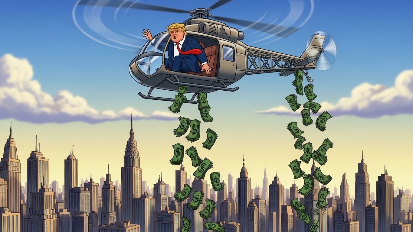 Trump dropping bundles of dollars from a helicopter, and city buildings below growing rapidly in an animation style.