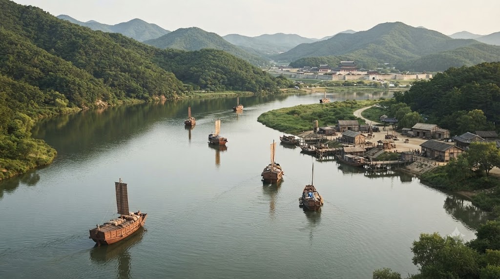 벽란도가 왜 무역항으로 성장했는지 그 입지 조건을 설명하는 이미지입니다. 예성강 하구의 잔잔한 물길을 따라 고려의 조운선(곡식을 나르던 배)과 작은 상선들이 안전하게 이동하는 모습을 평화롭게 담았습니다. 강변에는 창고들이 즐비하고, 멀리 언덕 위로 수도 개경의 성곽이 보입니다. 국가 권력이 항로를 안전하게 보호하고 있음을 암시하는 관원들의 모습도 배치했습니다.