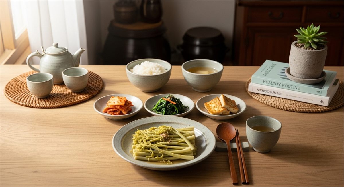 땅두릅이 포함된 봄 식사와 생활관리 분위기를 보여주는 장면 