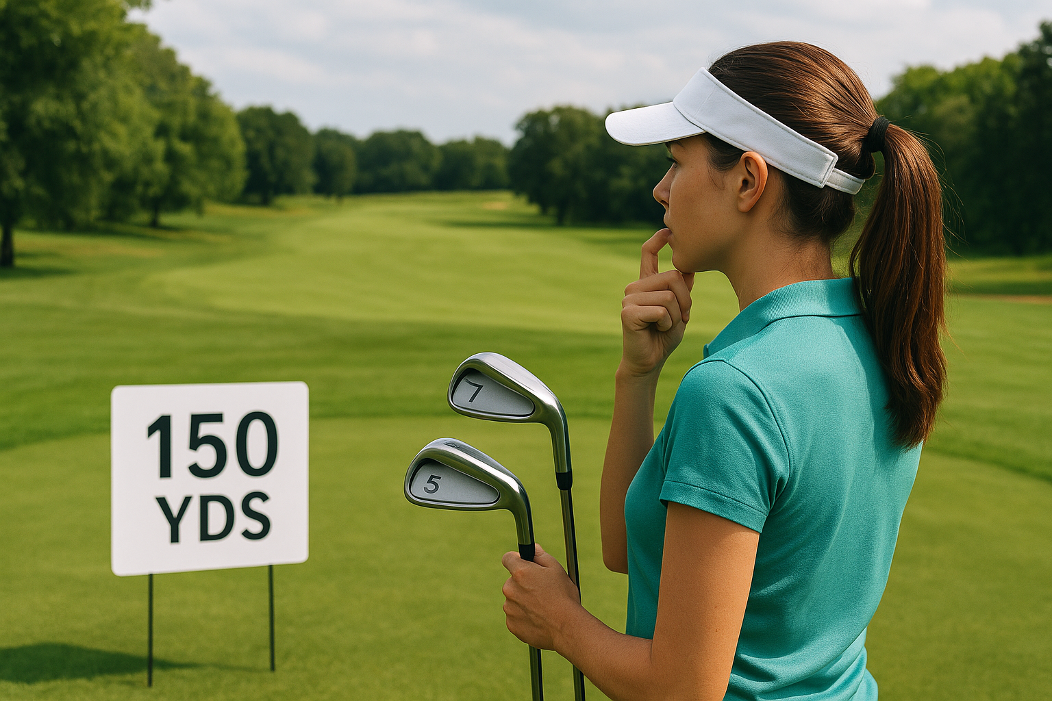 150m 거리에서 7번 아이언과 5번 아이언 중 어느것을 칠지 고민하는 여자 골퍼