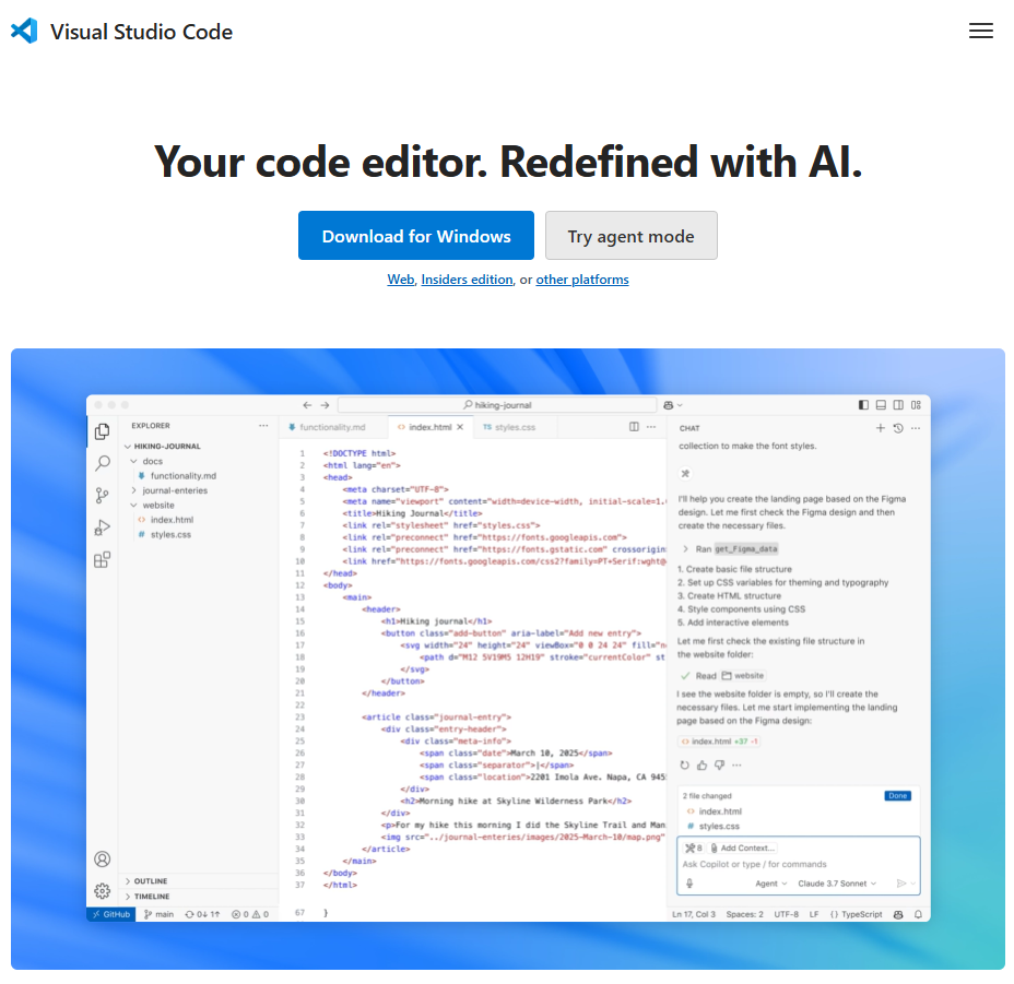 Visual Studio Code 공식 홈페이지 화면 일부