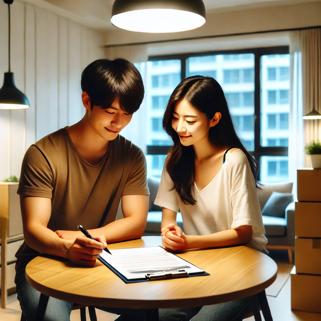 젊은 한국인 커플이 작고 현대적인 아파트에서 임대 계약서를 보며 행복하고 희망적인 표정으로 대화하는 모습.