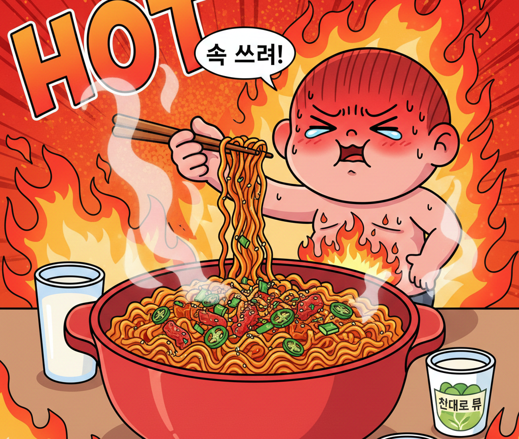 매운 라면(불닭볶음면) 먹고 힘들어 하는 모습