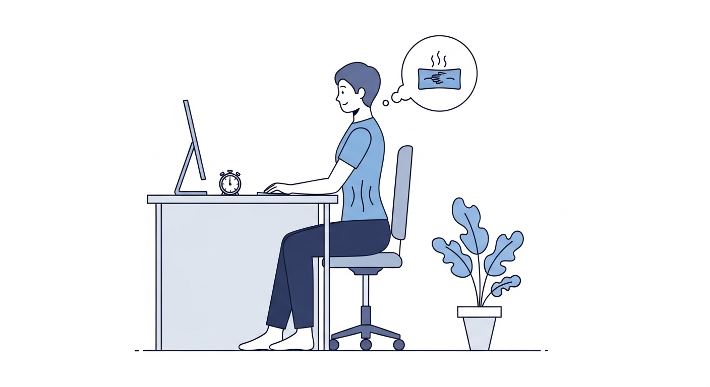 사무실에서 타이머, 복식 호흡 등 바른 자세 습관을 실천하는 사람의 미니멀리즘 일러스트