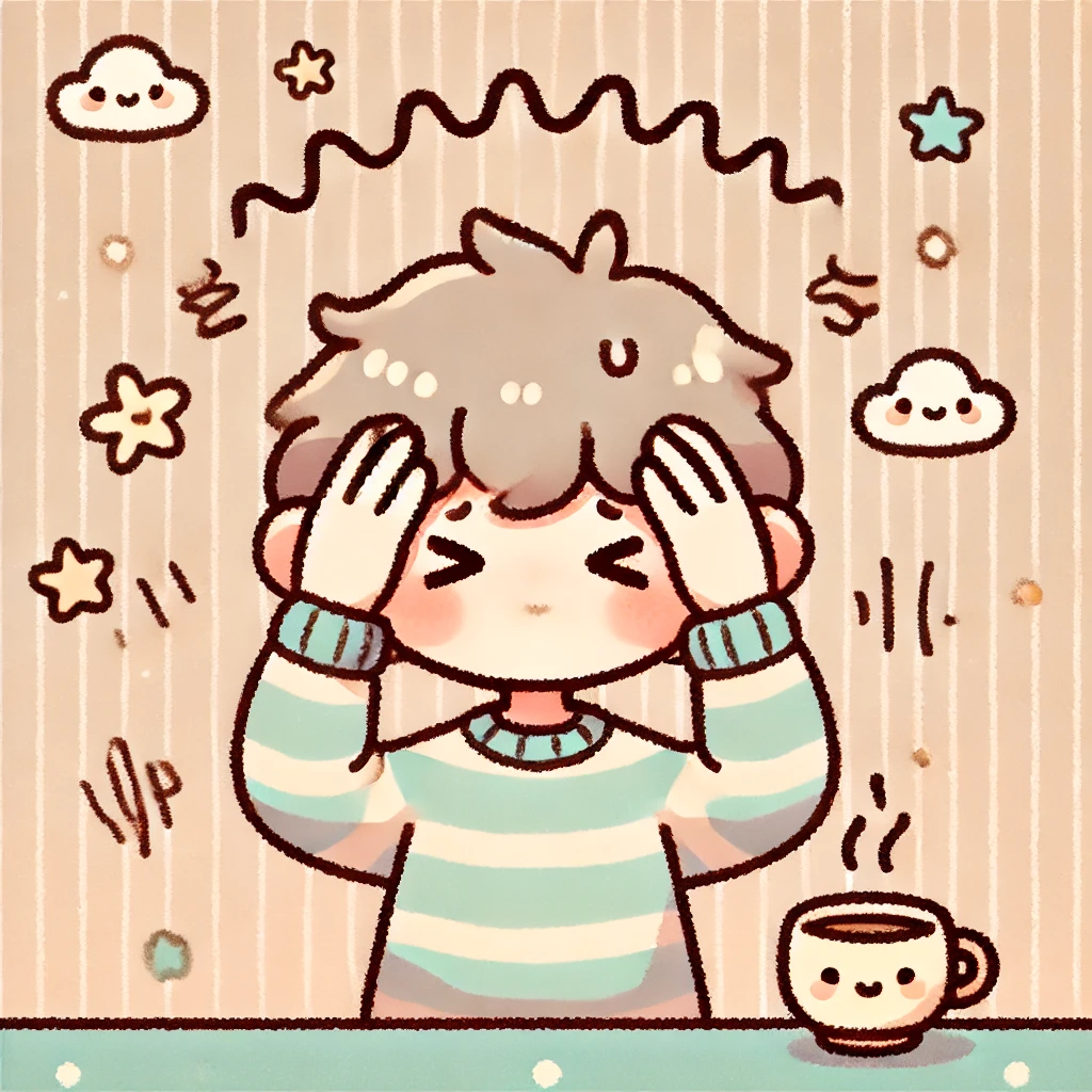 남자가 두통으로 찡그린 표정을 짓고 있는 그림