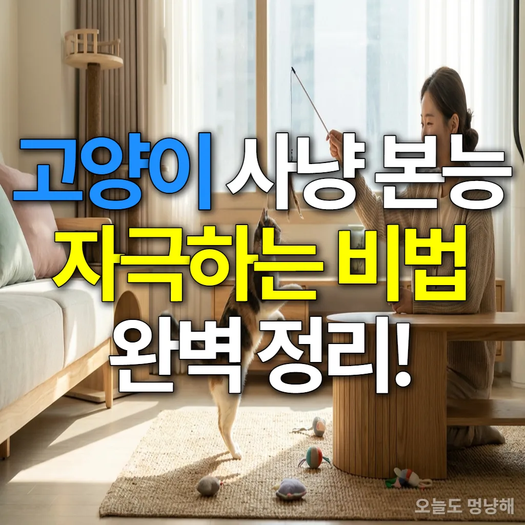 고양이와 집사가 깃털 낚싯대로 사냥 놀이를 하는 다정하고 활기찬 모습
