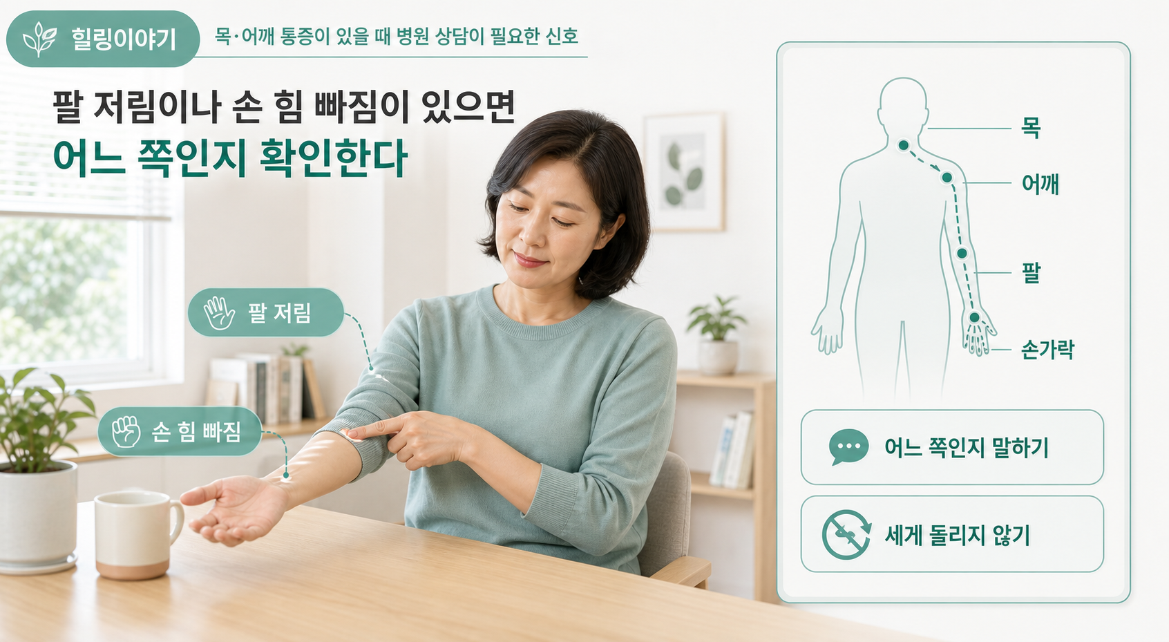 목 어깨 통증 병원 상담 신호 중 팔 저림과 손 힘 빠짐 확인