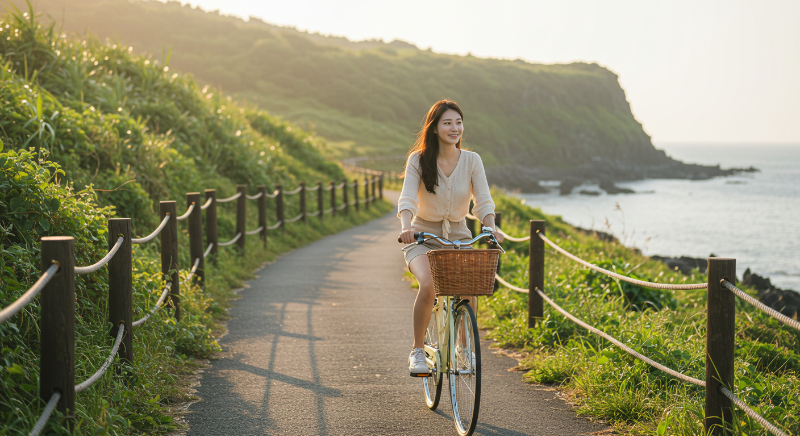 제주 한담 해안 산책로를 자전거로 여유롭게 즐기는 한국 여성