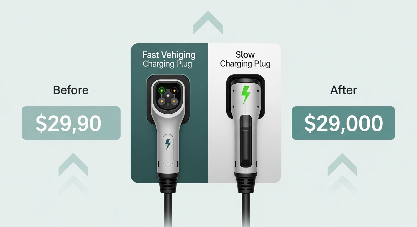급속 및 완속 전기차 충전 요금의 인하 전후를 비교하는 인포그래픽. 요금 절감 효과를 시각적으로 보여줍니다.