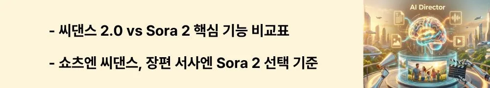 "씨댄스 2.0 vs Sora 2 핵심 기능 비교표"라는 문구가 포함된 웹배너 이미지. 이 이미지는 씨댄스 2.0과 Sora 2&middot;Runway Gen-3 Alpha의 기능&middot;생성 길이&middot;오디오 지원 차이를 시각적으로 전달하며, 블로그의 AI 영상 생성 모델 비교 가이드와 관련된 내용을 설명함 (Seedance 2.0 vs Sora 2, AI video model comparison 2026, multimodal video generator)