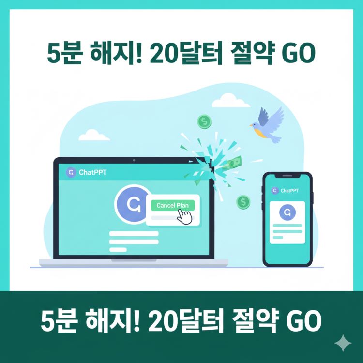 밝은 톤의 일러스트, 노트북과 스마트폰 화면에 ChatGPT 프로필 클릭 후 '플랜 취소' 버튼 강조, 배경에 달러 아이콘 깨지는 효과와 자유로운 새, 텍스트 “5분 해지! 20달러 절약 GO” 청록·녹색 팔레트로 간편·절약 강조