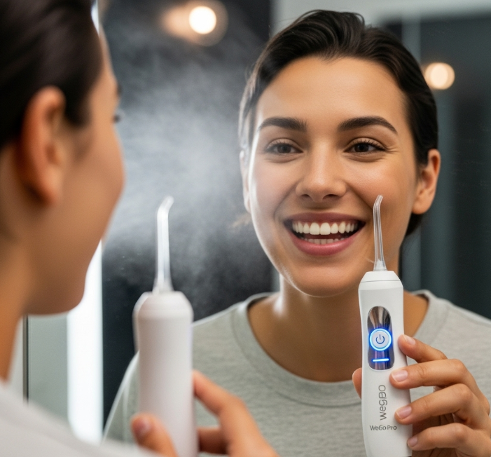 위고프로 구강세정기와 함께 거울 앞에서 환하게 웃는 사람의 모습. 깨끗하고 자신감 있는 미소를 강조한다