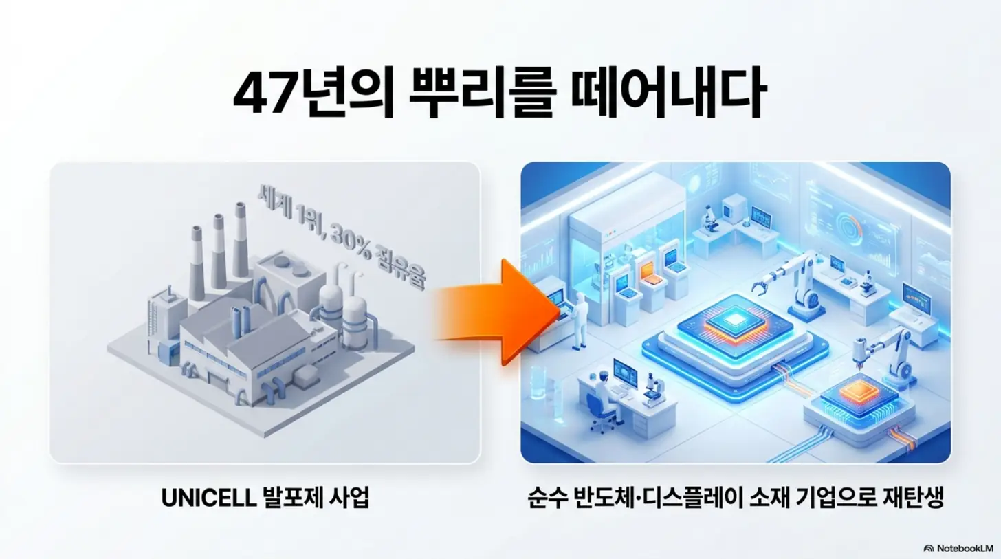 동진쎄미켐 주가 전망: 동진쎄미켐이 세계 1위 30% 점유율의 UNICELL 발포제 사업을 분할하고 순수 반도체·디스플레이 소재 기업으로 재탄생하는 사업 전환을 보여주는 이미지