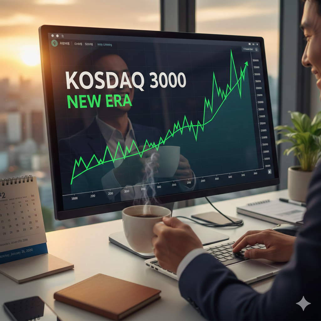 KOSDAQ 3000 시대를 대비하는 투자자의 모습과 상승 그래프 모니터 화면