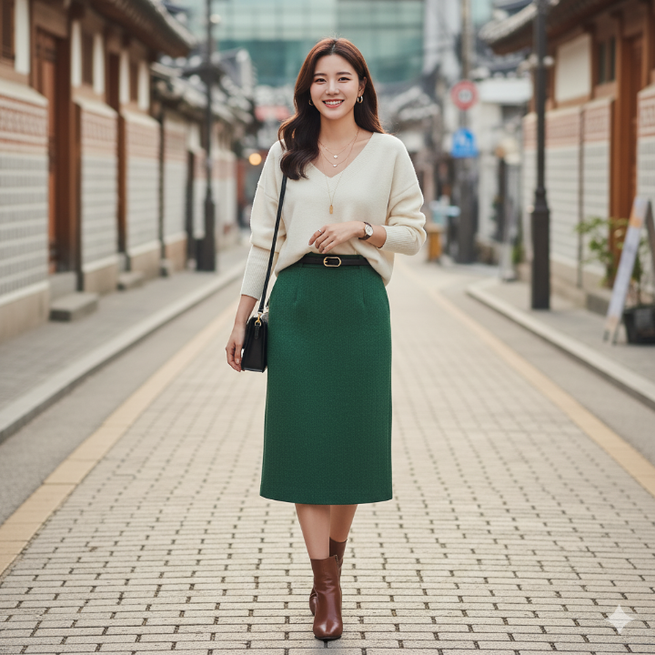 브이넥 니트와 H라인 미디 스커트를 입은 여성의 코디