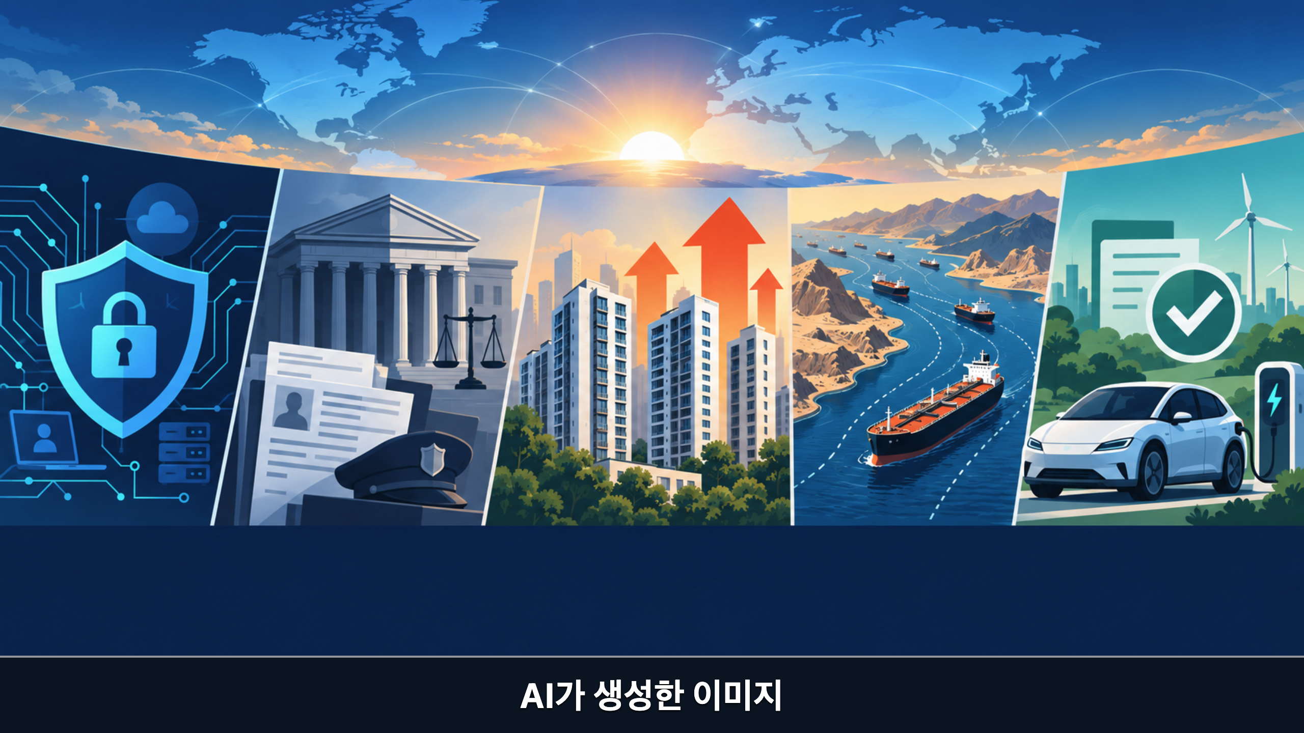 개인정보 보호, 형사사법 개편, 주거비, 호르무즈 해협, 자동차 정책을 상징한 2026년 9월 27일 아침 뉴스 개념 일러스트
