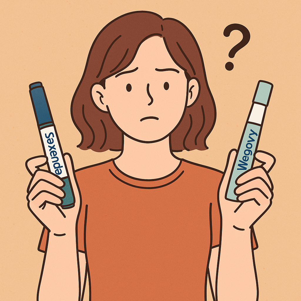 삭센다과 위고비를 들고 고민하고 있는 여성일러스트