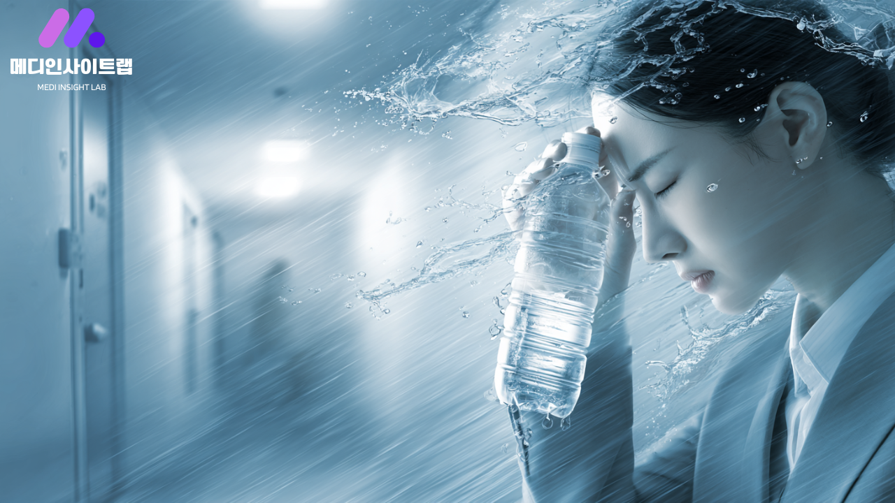 극심한 갈증에 시달리는 성인, 한 손에 물병을 들고 계속 마시는 모습