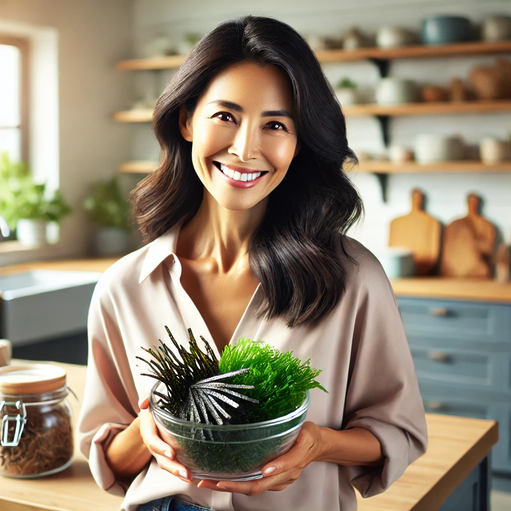 해조류를 들고 밝게 웃는 중년여성사진