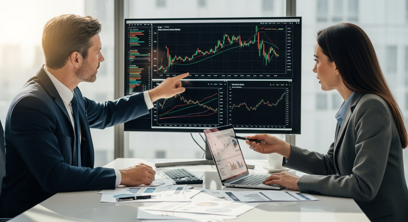 장기투자와 단기투자 전략을 비교하며 토론하는 투자자들의 모습