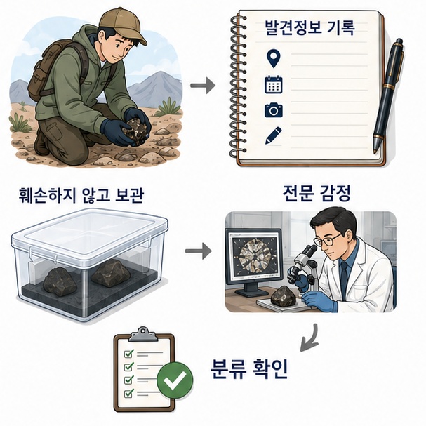 운석처럼 보이는 돌을 발견했을 때 발견정보를 기록하고 원형을 보존한 뒤 전문적인 감정과 분류를 확인하는 과정을 보여주는 그림