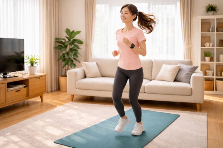거실에서 요가매트 위에서 제자리 슬로우 조깅을 하는 여성 홈트레이닝 장면