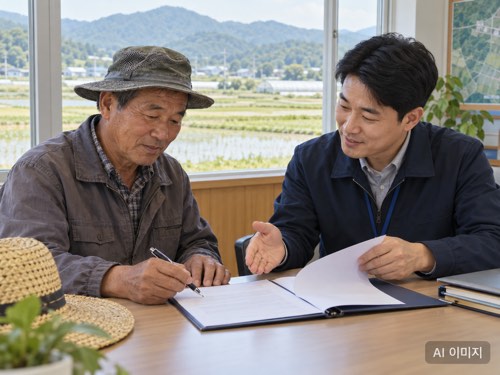 농지은행 임대차 계약을 상담하며 임대차 서류를 확인하는 농지 소유자