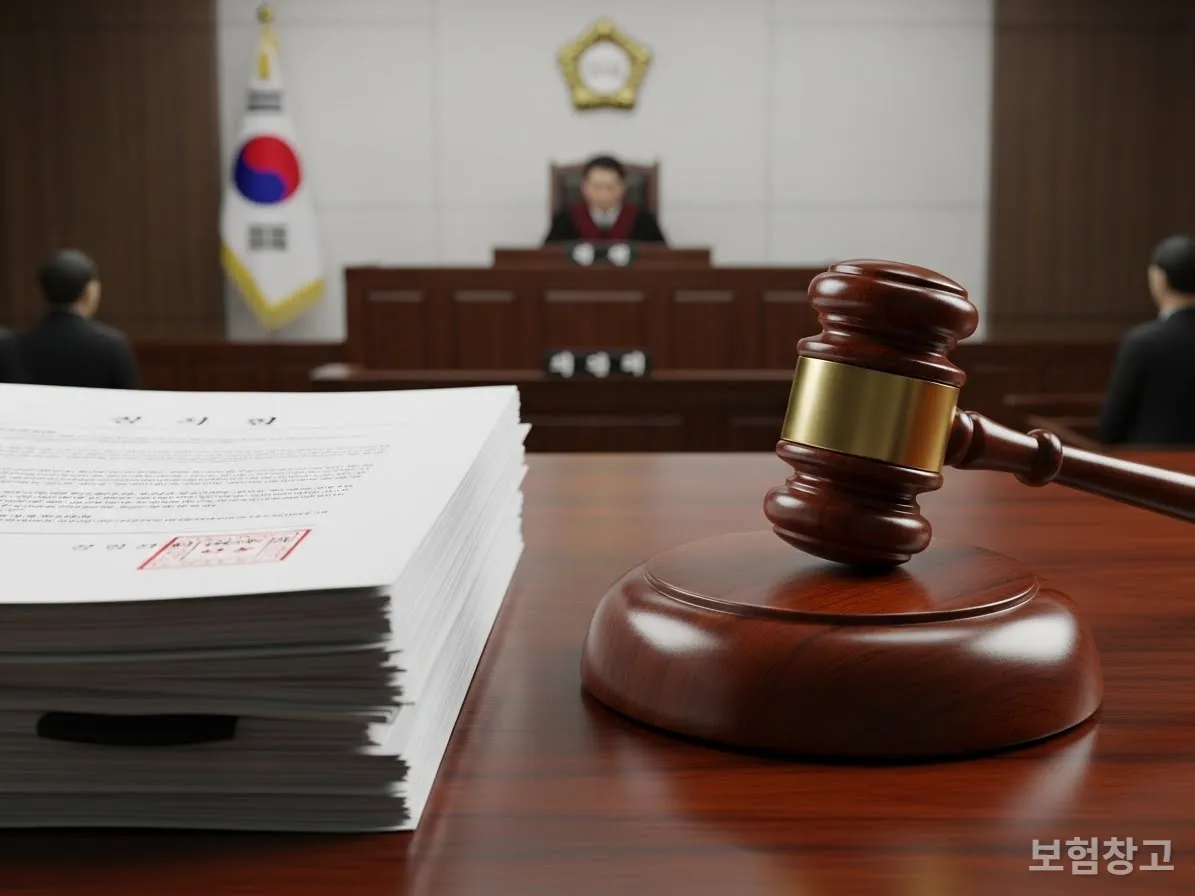 법원 판결봉과 교통사고 관련 법적 서류가 놓인 책상