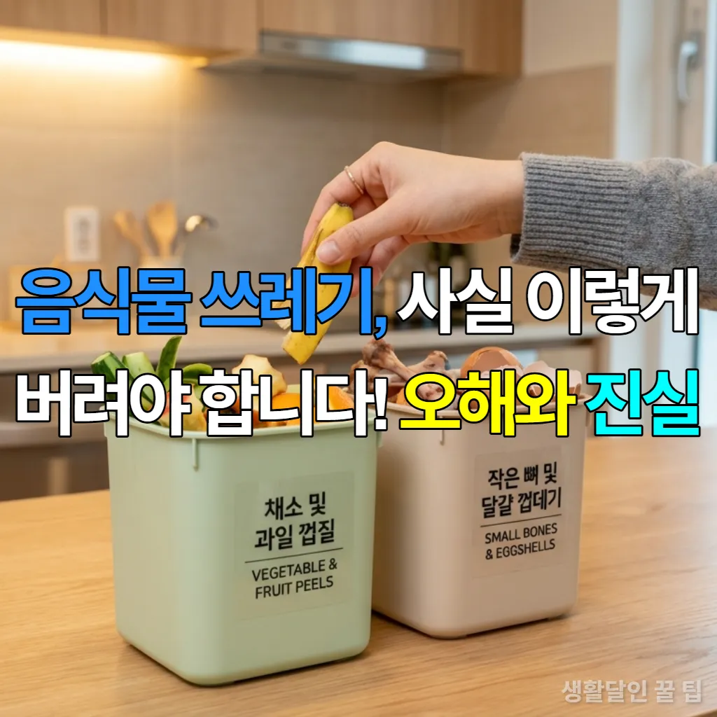 한국 가정의 주방에서 음식물 쓰레기와 일반 쓰레기를 분류하는 모습