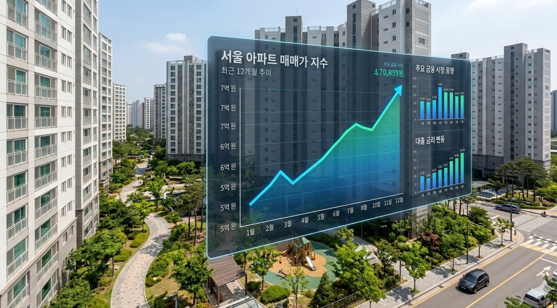 스마트폰으로 대출 금리를 비교하는 모습이나 아파트 전경과 금융 그래프가 결합된 이미지