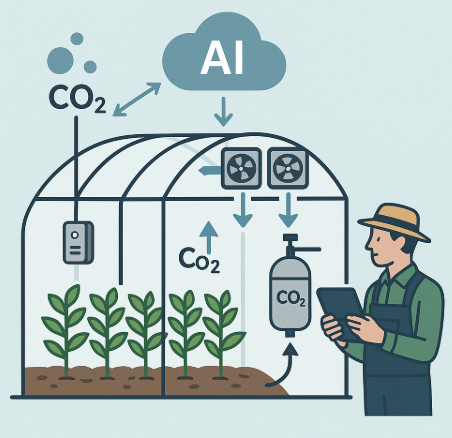 온실 자동 이산화탄소 관리 시스템을 표현한 인포그래픽. 내부 CO₂ 센서가 데이터를 수집하고, 클라우드 AI가 이를 분석해 환기창과 공급 장치를 제어하며, 농민이 스마트 기기에서 이를 모니터링하는 과정을 시각화한 이미지.