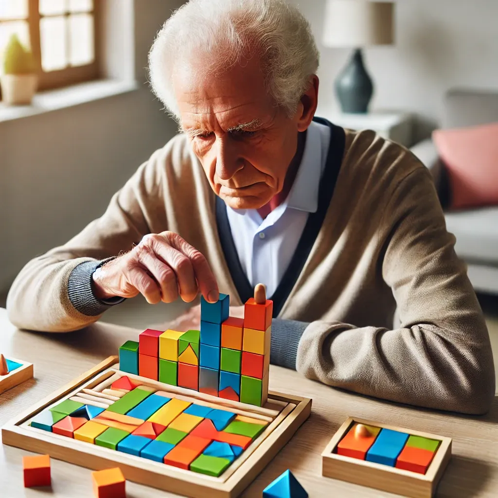 치매 예방을 위해 색깔과 모양을 맞추는 블록 게임을 하는 노인 남성&amp;#44; 집중하며 블록을 배열하는 모습.