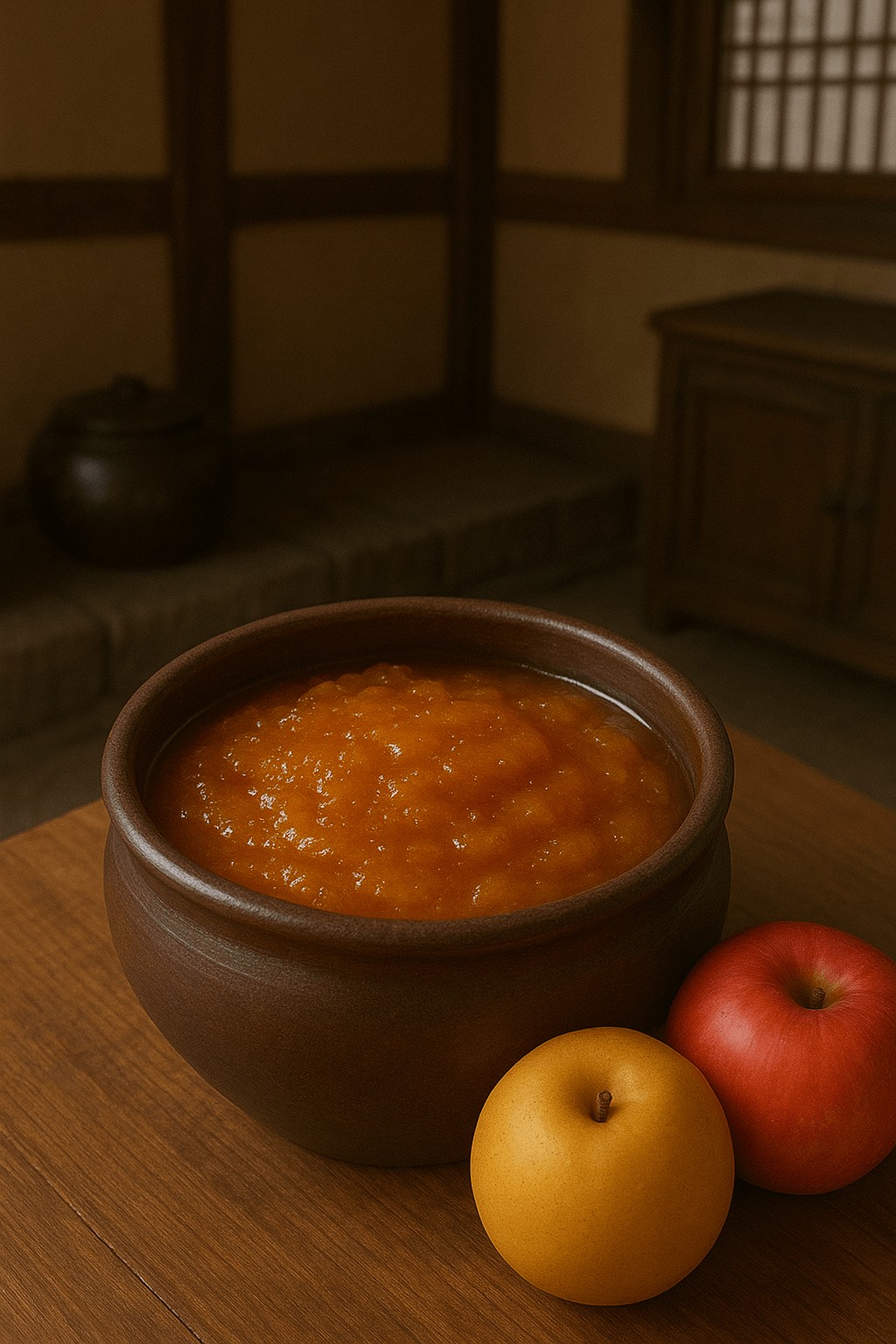 끓인 과일을 전통 토기에 담아낸 모습